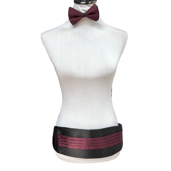 Men’s Fashion Depot Silk Cummerbund and Bow Tie Set Black Burgundy - Picture 7 of 7